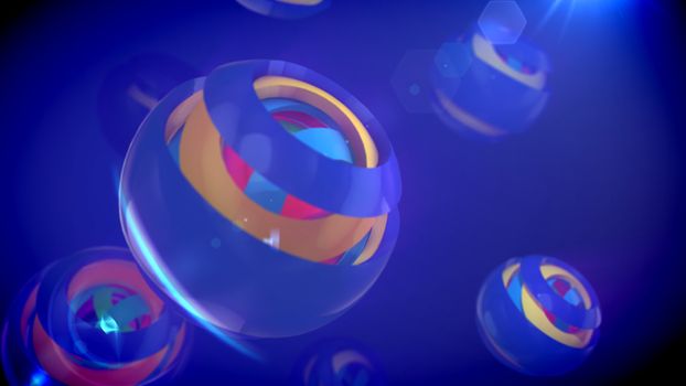 An advanced 3d illustration of nested eye-camera objects of different colors rotating in cup looking semi-spheres in the blue backdrop. They create the mood of optimism and interest.