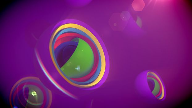A childish 3d illustration of nested camera objectives of rainbow colors placed in a large sphere with shutters in the violet background. They shape the spirit of joy, fest and fun.