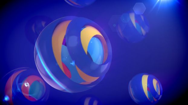 A cheery 3d illustration of nested eye-camera objects of rainbow colors placed in cup looking semi-spheres with splits in the blue backdrop. They create the mood of fun and optimism.