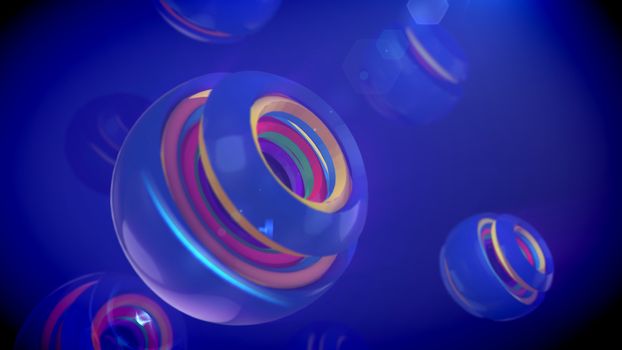 An arty 3d illustration of nested spheric objects of rainbow colors inserted in cup looking semi-spheres with splits in the blue backdrop. They generate the mood of fun and curiosity.