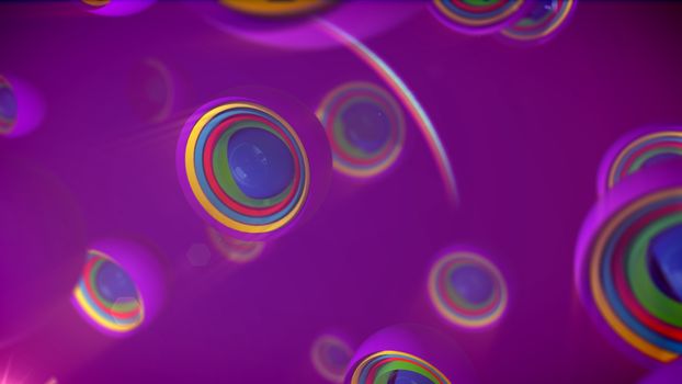 An optimistic 3d illustration of alien looking objects of rainbow colors placed in open semi-spheres with splits in the violet backdrop. They create the mood of optimism, enigma and joy.