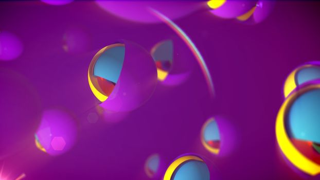 A funny 3d illustration of alien looking balls of rainbow colors put in inclined semi-spheres with shutters in the violet backdrop. They generate the mood of optimism, mystery and fun.