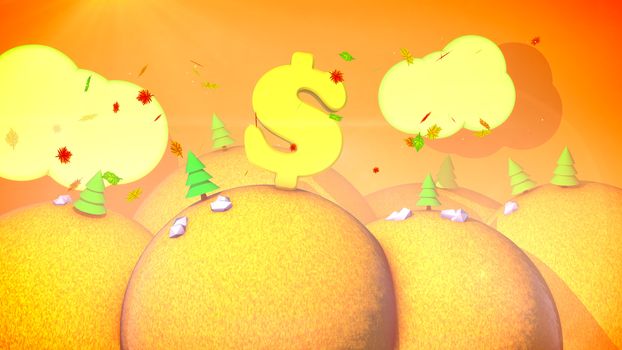 A childlike 3d illustration of a sunny autumn landscape with orange hills, colored fir trees, yellow lawns, flying leaves and golden sky with white clouds, large dollar symbol.