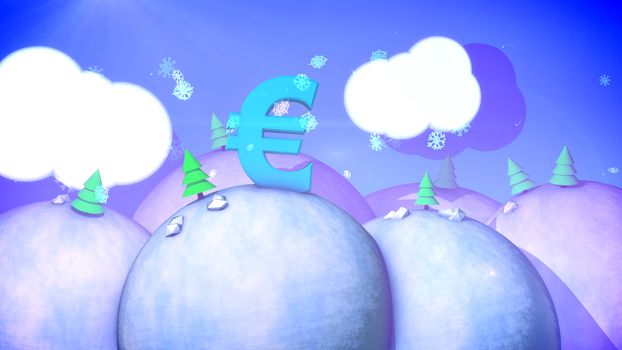 A celebratory 3d illustration of a sunny winter landscape with snowy hills, fabulous fir trees, white meadows, spinning snowflakes and blue sky with fluffy clouds, large euro symbol.