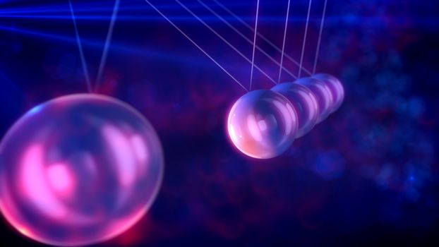 A pensive 3d illustration of steel balls pendulum with swaying beads balls beating each other in a blue and pink backdrop with blurred dots. They look wise, optimistic and striking.