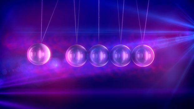 A thoughtful 3d illustration of steel balls pendulum with waving horizontally beads hitting each other in a blue and pink backdrop with blurred dots. They look smart, optimistic and shrewd.