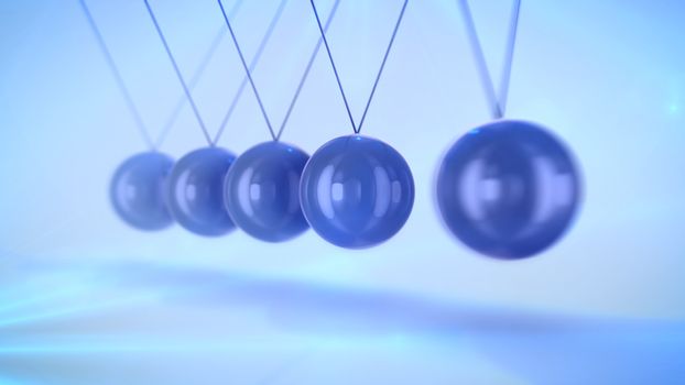 A cheery 3d illustration of steel balls pendulum with waving diagonally beads hitting each other in a light blue background with blurred dots. They look wise, eternal and optimistic.