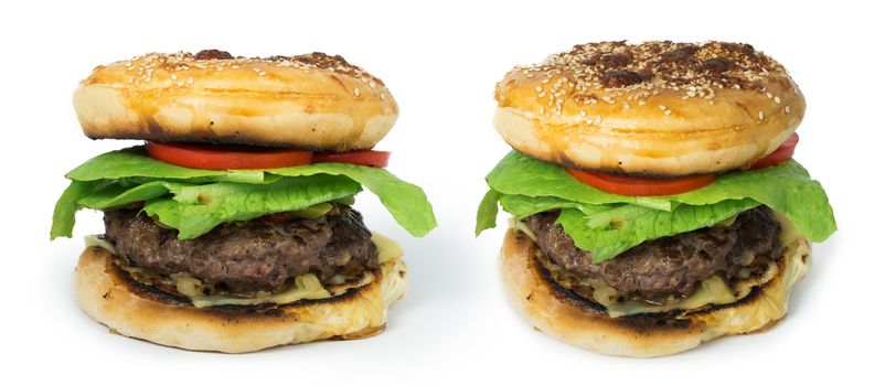 Hamburger with meat and lettuce. White isolared studio shot