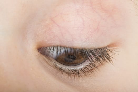 Human eye looking to down. Close up studio shot