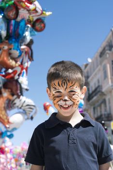 Child with painted face. Tiger paint. Boy on children's holiday