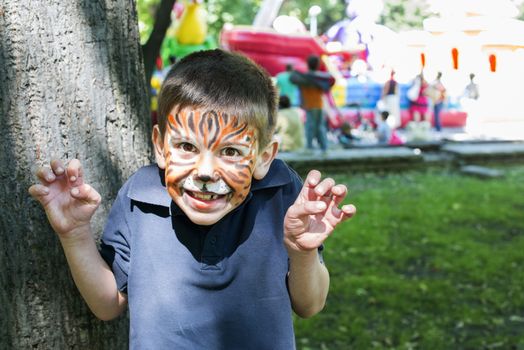 Child with painted face. Tiger paint. Boy on children's holiday