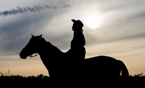 silhouette of a young girl with a hat on a horse on the background of sunset