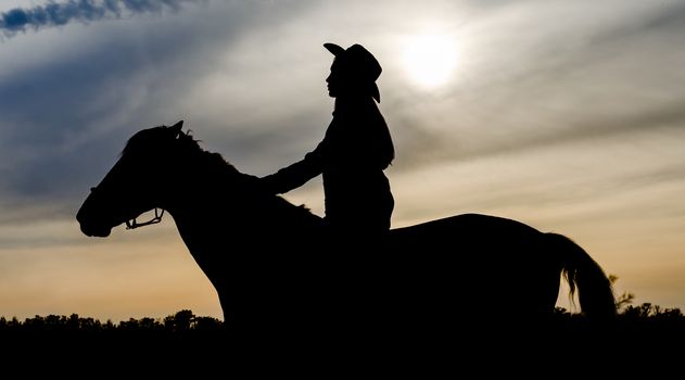 silhouette of a young girl with a hat on a horse on the background of sunset