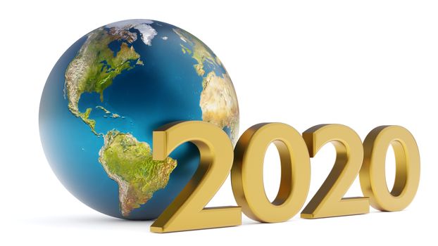 Yearr 2020 and globe america 3d illustration over white