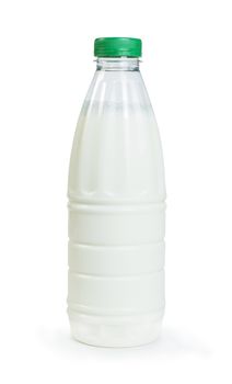 Plastic transparent bottle with milk. Green cap. White isolated