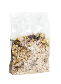 Muesli breakfast in transparent package. White isolated