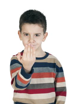 Child calling somebody. White isolated studio shot