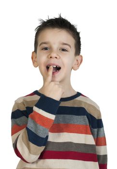 Child shows his tooth. White isolated studo shot