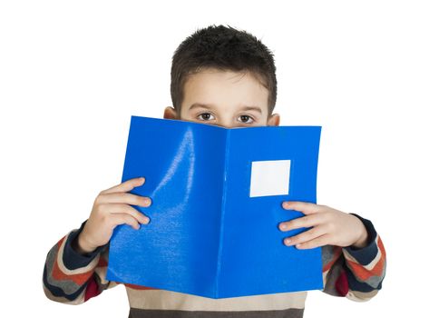 Child with notebook in front of the face. White isolated