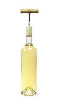 A bottle of white wine and a corkscrew. White isolated