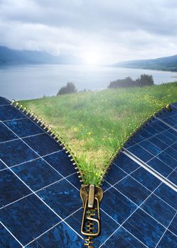 Ecology conception with zipper and solar panels. Nature landscape