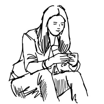 hand drawn teenage girl sitting and play smartphone isolated on a white background