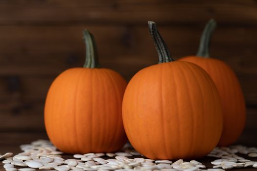 Fresh orange pumpkins and pimpkin seeds close-up on wooden background