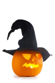 Jack O Lantern Halloween pumpkin with witches hat isolated on white background