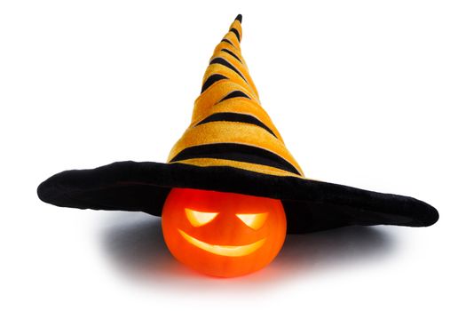 Jack O Lantern Halloween pumpkin with witches hat isolated on white background