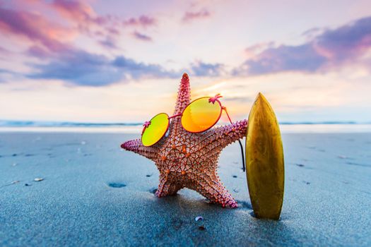 Starfish surfer on the beach and beautiful sunset on Bali