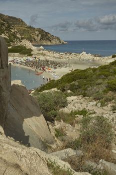 Vertical shot of the Punta Molentis beach panorama in the south of Sardinia.