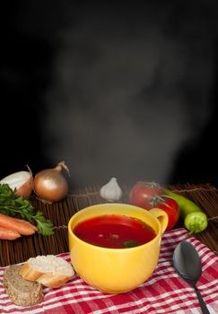 Tomato steaming soup and vegetables around the bowl