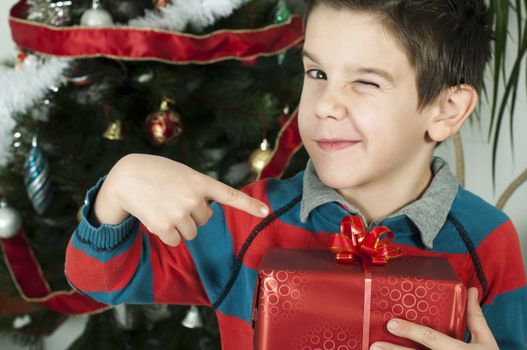 Boy points out his gift on Christmas in fron of the Cristmass tree