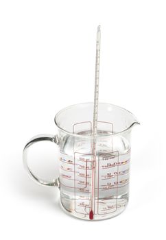 Thermometer measures the temperature of the water in beaker with scale.