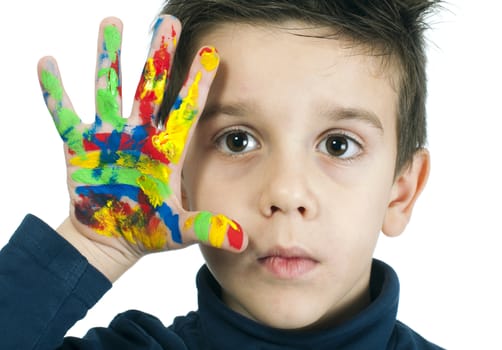 Boy hand painted with colorful paint. White islated