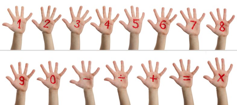 Children's hands with red color numbers and mathematical symbols.