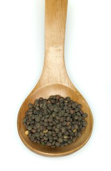 Lentil in wooden spoon on white background