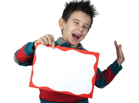 Boy who laughs and holds white board. White copy spice