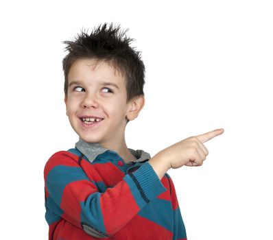 Little boy who points a finger. White isolated