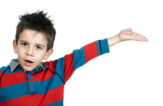 Little boy who points a finger. White isolated