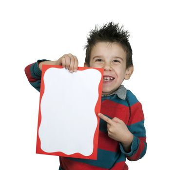 Little boy points whiteboard. White copy spice