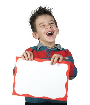 Boy who laughs and holds white board. White copy spice