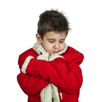 Little boy dressed with Santa suit. White isolated