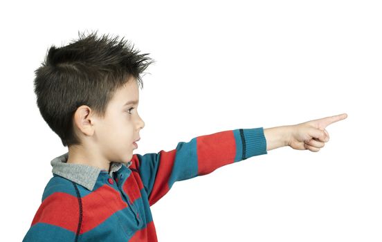 Little boy who points a finger. White isolated