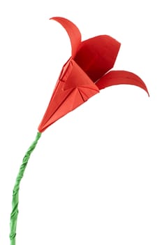 Red Flower origami white isolated. Paper made flowers.