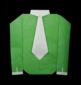 Isolated paper made green shirt with white tie.Folded origami style