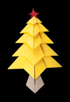 Yellow christmas tree black isolated  origami