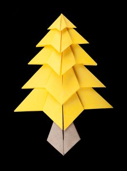 Yellow christmas tree black isolated  origami