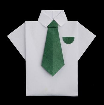 Isolated paper made white shirt with green tie.Folded origami style