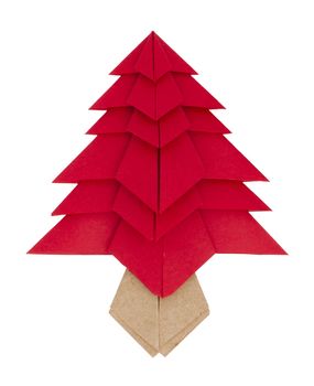 Red christmas tree made of paper. Origami evergreen tree